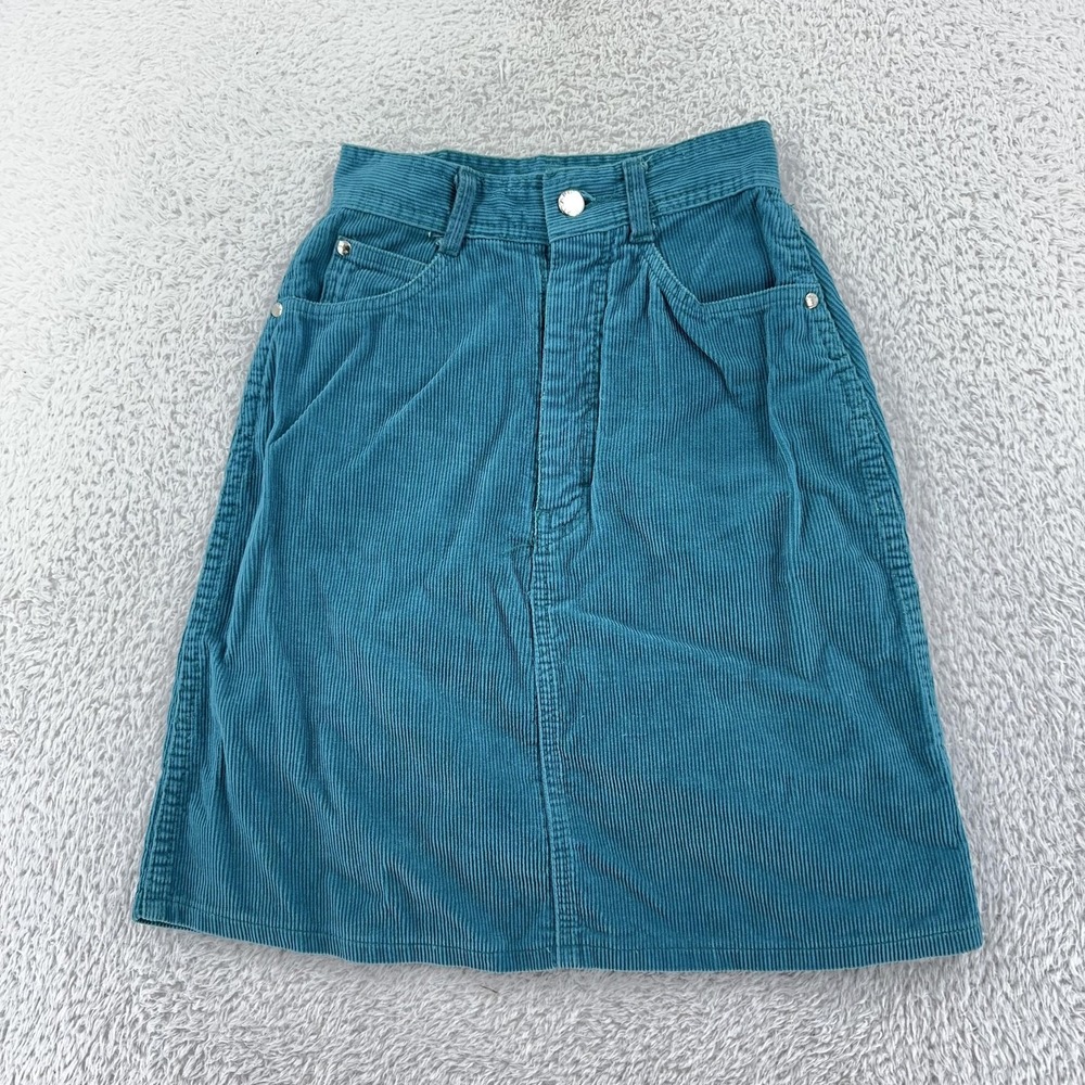 Vintage 90s Gitano Blue Corduroy High Waist Skirt ACTUAL 21 Teal Pockets Cotton